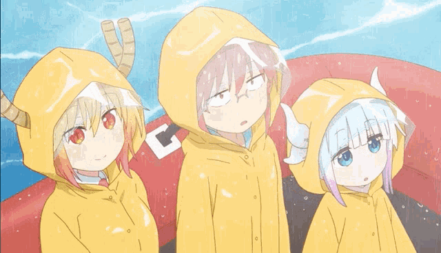 three anime characters are wearing yellow raincoats with the letter c on the front