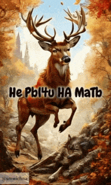 a painting of a deer and a wolf with the words he pbi4u ha matb