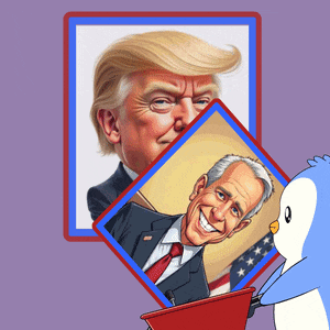 a penguin is holding a picture of donald trump and jimmy carter