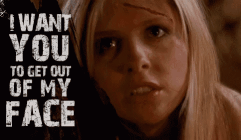 a woman with a scar on her forehead and the words " i want you to get out of my face " behind her