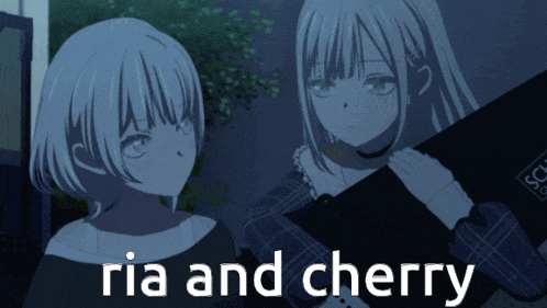 two anime girls are standing next to each other with the words ria and cherry written below them