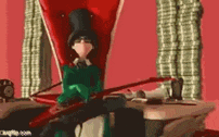 a cartoon character is sitting in a red chair holding a book .