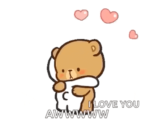a cartoon of a teddy bear hugging another teddy bear with hearts coming out of its head .