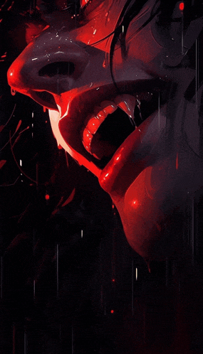 a close up of a woman 's face with blood dripping from her mouth