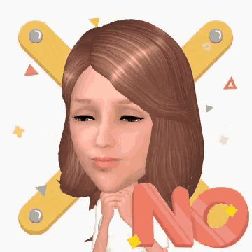 a woman with brown hair is holding a red letter n on her chin .
