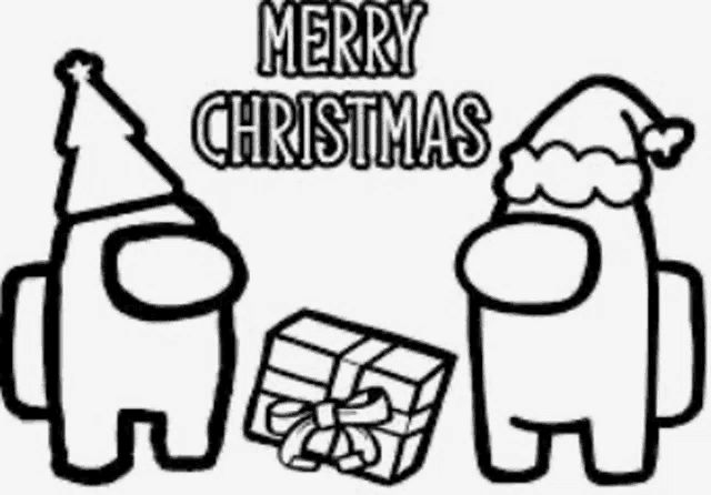 a black and white drawing of two among us characters with a christmas tree and a gift .
