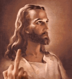 a painting of jesus with long hair and a beard is giving the middle finger .