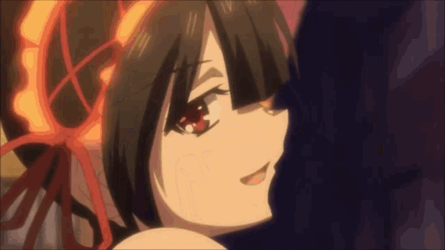 a black haired anime girl with red eyes and a red ribbon in her hair