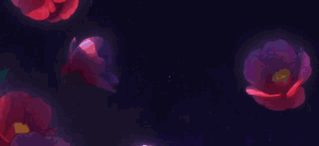 a person with purple hair is surrounded by red flowers in a dark room
