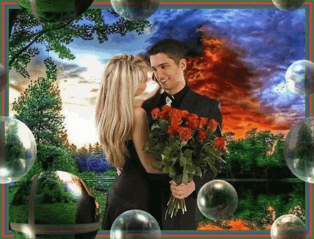 a man is giving a woman a bouquet of roses in front of a colorful background