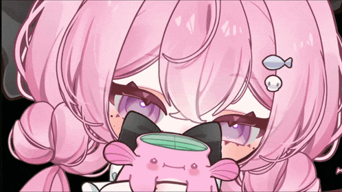 a girl with pink hair and purple eyes is holding a pink fish