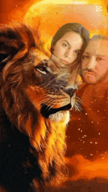 a man and a woman standing next to a lion
