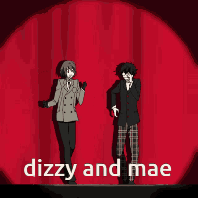 dizzy and mae are dancing on a stage with a red curtain behind them