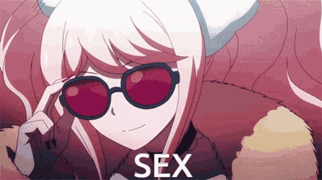 a girl wearing sunglasses and a fur coat has the word sex written on the bottom