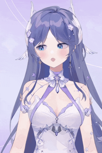 a close up of a girl with long blue hair