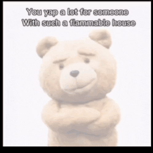 a teddy bear with his arms crossed and a caption that says you yap a lot for someone