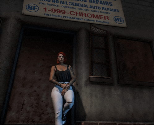 a woman is standing in front of a sign for chromer auto repairs