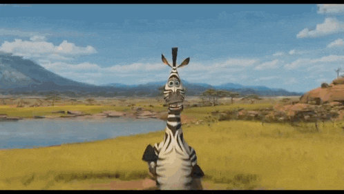 a cartoon zebra is standing on its hind legs in a field .