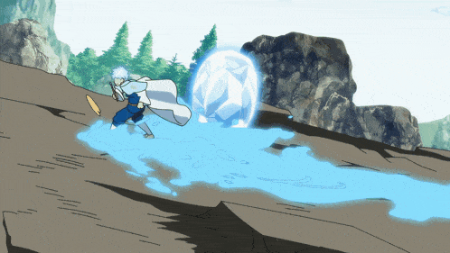 a man in a white cape is standing on a rock with a large ice ball in the background