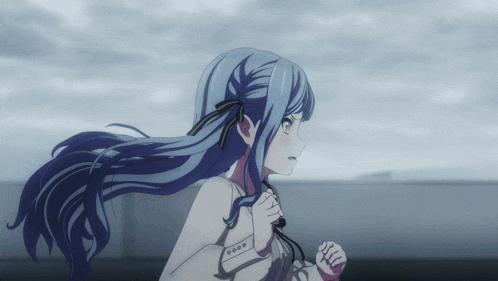 a girl with long blue hair and a white shirt is running