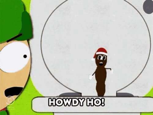 a cartoon of a poop wearing a santa hat says " howdy ho "