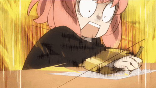 a girl with pink hair is sitting at a desk with a pencil in her hand
