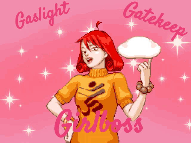 a pixel art of a girl with red hair and the words gaslight and gatekeep