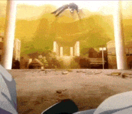 a cartoon character is flying through the air in front of a city