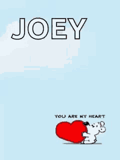 a cartoon of snoopy holding a red heart with the name joey on the top