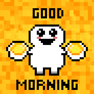 a pixel art greeting card says good morning with a ghost holding two eggs