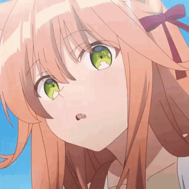 a close up of a anime girl with long hair and green eyes