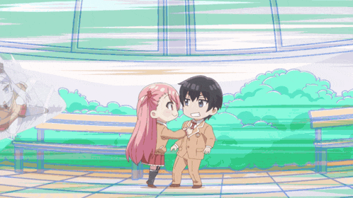 a boy and a girl are standing next to each other in a cartoon scene