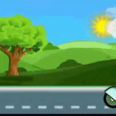 a cartoon of a motorcycle driving down a road with a tree and sun in the background