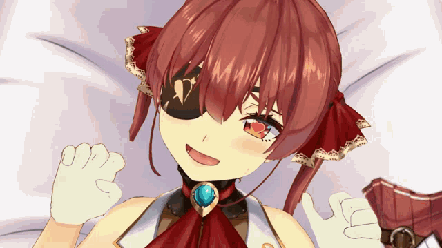 a girl with red hair and a pirate eye patch