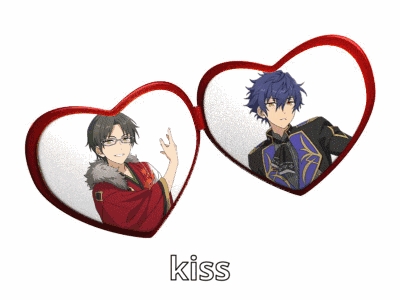 two anime characters are in heart shaped frames and the word kiss is below them
