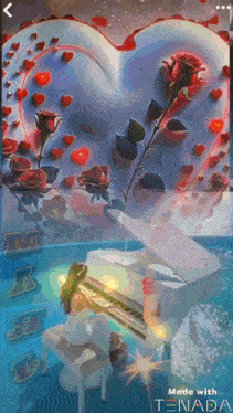 a picture of a woman playing a piano with a heart in the background made with tenada