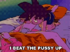 a cartoon of a boy laying on a bed with the words " i beat the pussy up " below him