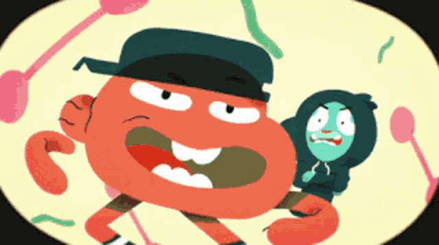 a cartoon character is standing next to another character with a green face