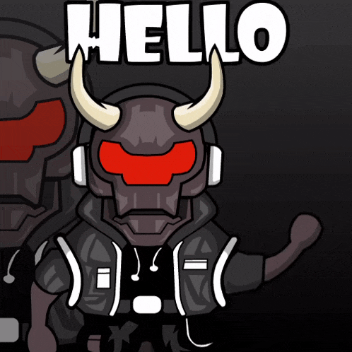 a cartoon drawing of a bull with horns and the words hello written above it