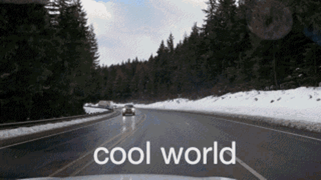 a car is driving down a snowy road with the words cool world written on the side