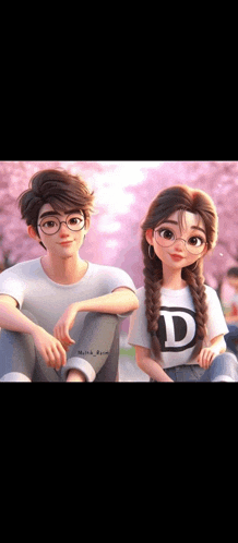 a boy and a girl are sitting next to each other under a cherry blossom tree .