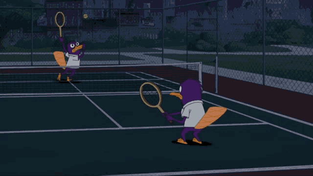 two cartoon birds are playing tennis on a court