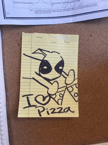a sticky note on a bulletin board says i love pizza