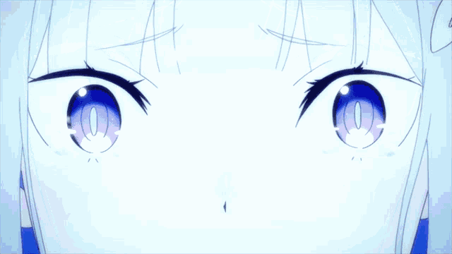 a close up of a girl 's eyes with purple irises and white hair