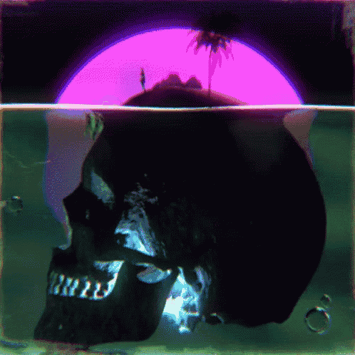 a skull is floating in the water with a purple sunset in the background