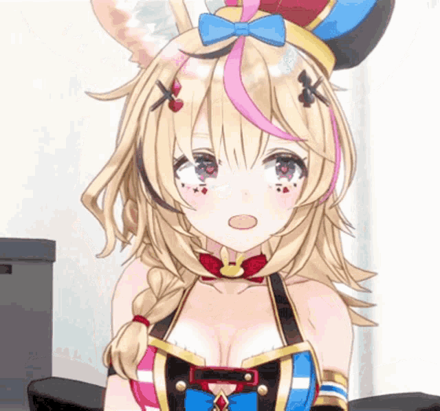 a close up of a blonde anime girl wearing a hat and braid