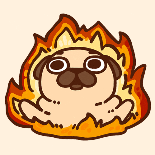 a cartoon drawing of a pug dog surrounded by fire