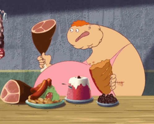 a cartoon character is holding a large piece of meat in his hand