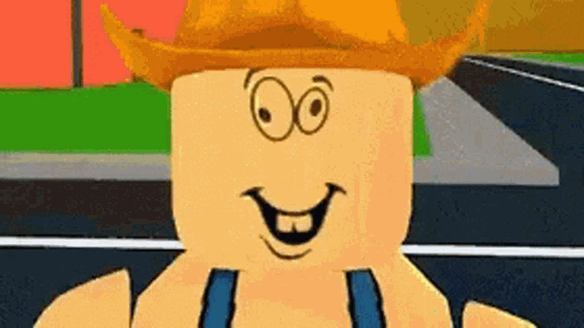 a roblox character wearing a cowboy hat and overalls with a smiling face drawn on his face .