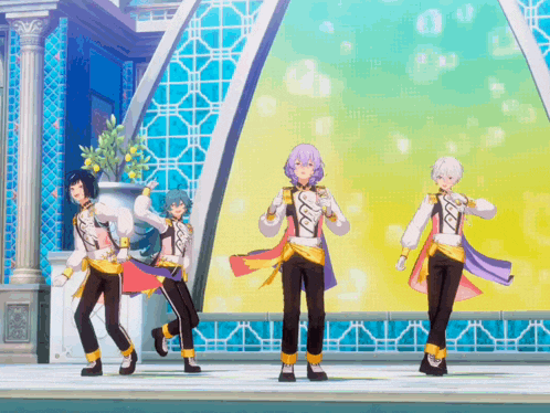 a group of anime characters are performing on stage